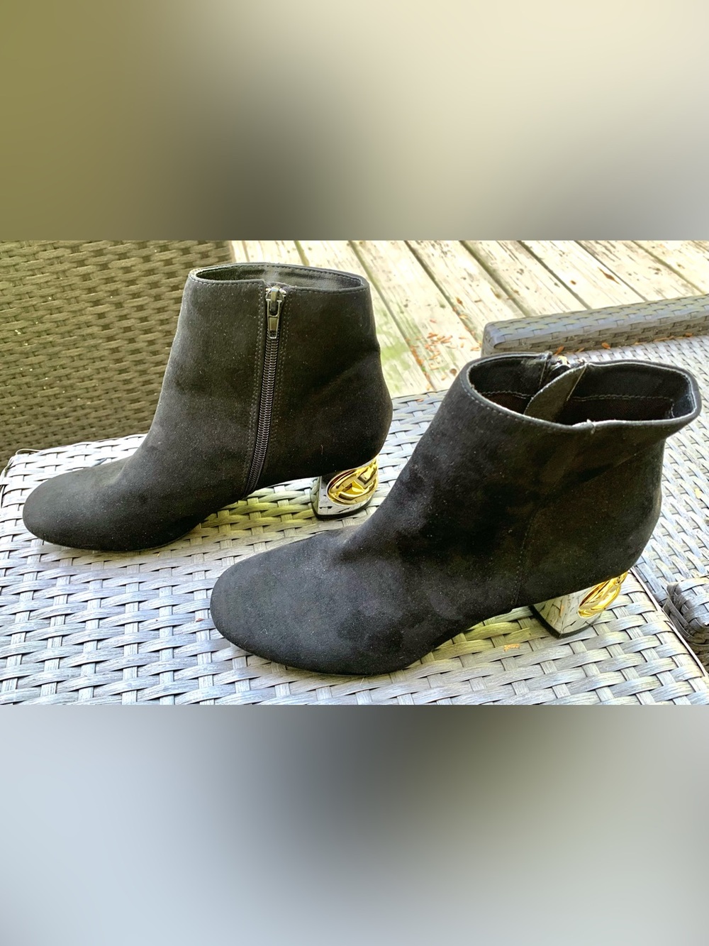 Qupid Black Suede Ankle Booties with Gold Sculptural Heel